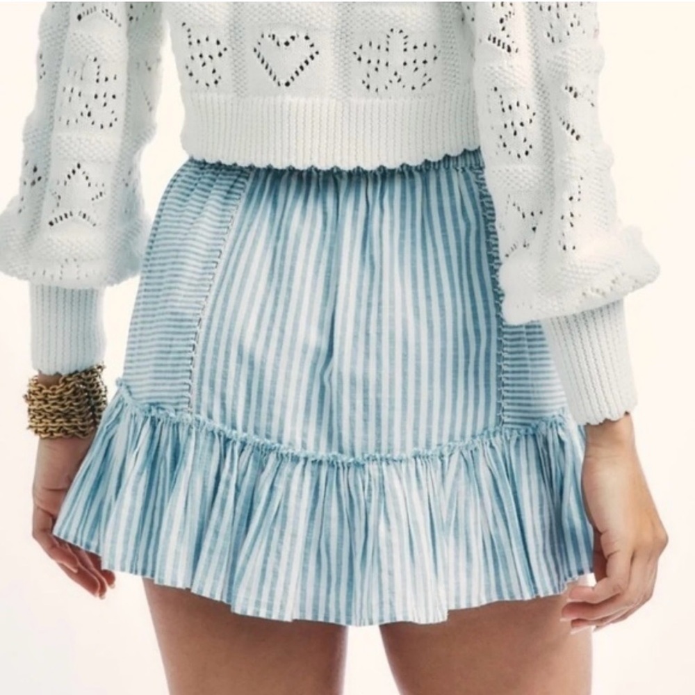 LoveShackFancy Striped Blue Ruffle Mini Skirt
